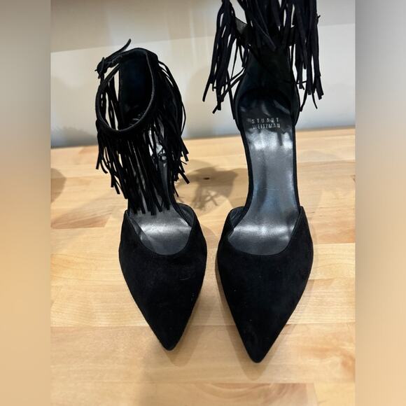 Stuart Weitzman Fringelica Fringe Suede Ankle Strap Pump Black Women Sz 7.5 M - Picture 15 of 16